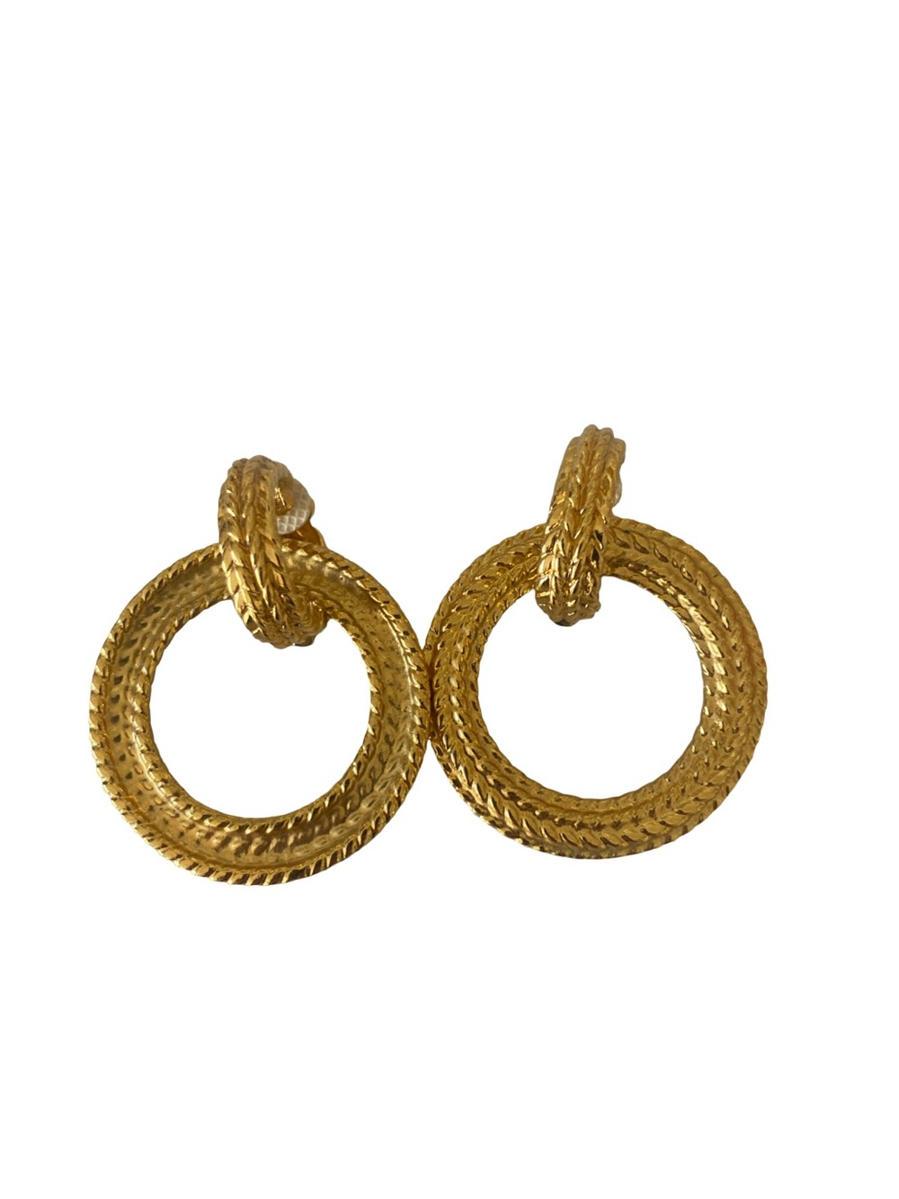Gold-Tone Vintage  Textured Double-Ring Hoop Earrings -Clips